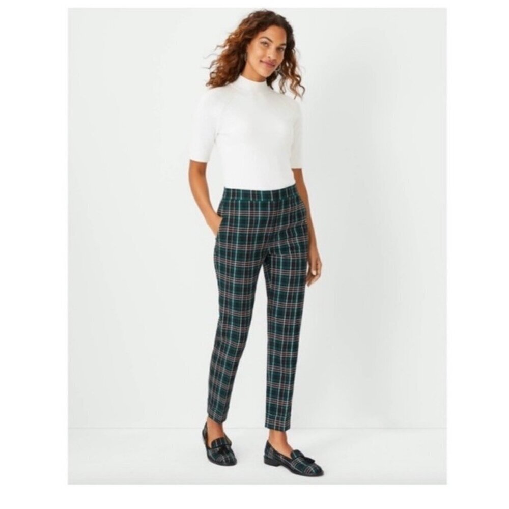 Ann Taylor Green Plaid High Waisted Stretch Ankle Pants Size 4P Holiday Office